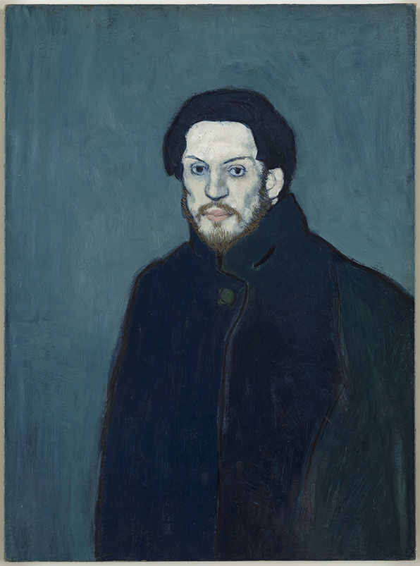 dark self portrait of Pablo Picasso on a blue background